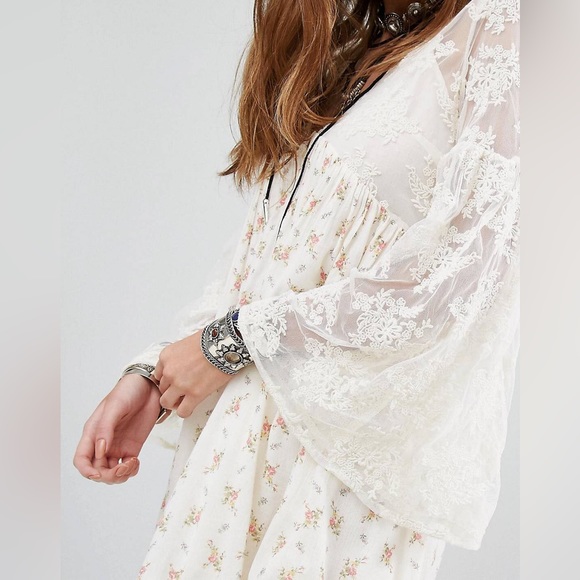Denim Supply Ralph Lauren Bohemian Printed Tea Dress Lace Flare Sleeves Prairie - Picture 3 of 14